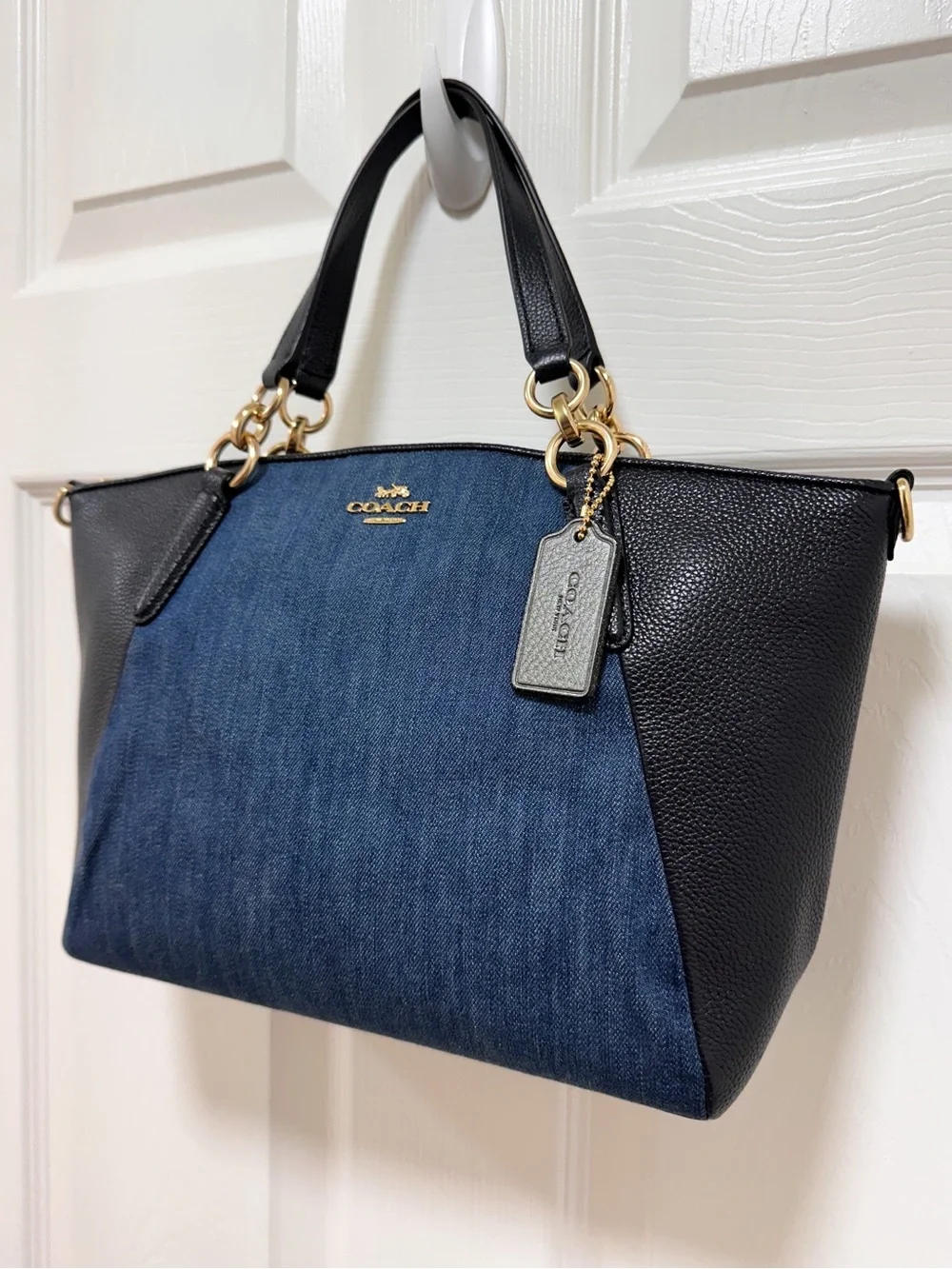 Coach Satchel Bag Kelsey‎ Denim Colorblock Black Pebbled Leather